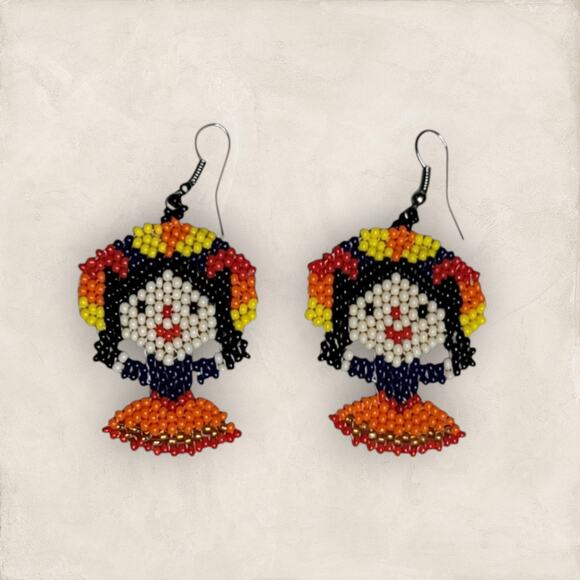None and/or Unknown Jewelry - Handmade Otomi Doll Lightweight Beaded Earrings Black Orange Yellow & Cream